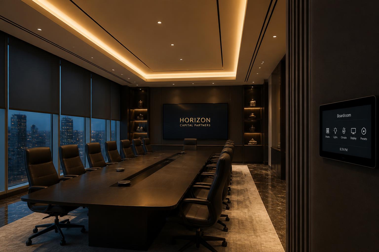 Automated boardroom in Chennai with motorised blinds and control panel by D-Lite Automation