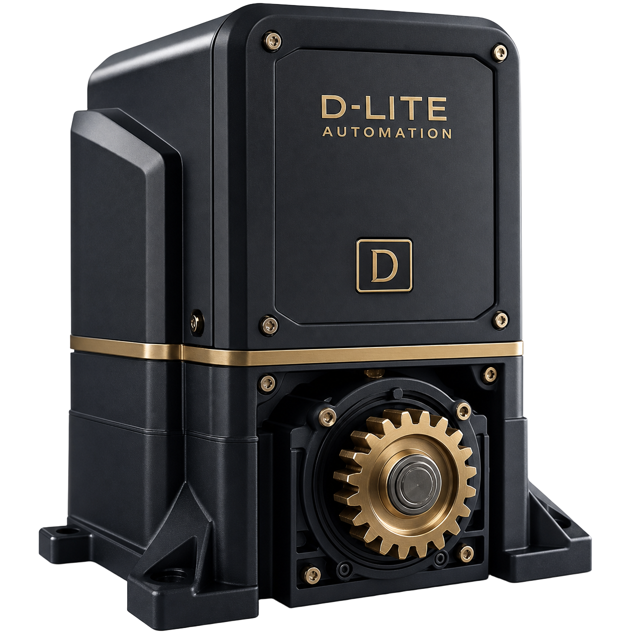 D-Lite Automation branded sliding gate motor with exposed drive gear